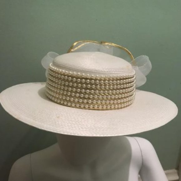 Vintage White woven Kentucky Derby hat with heavy beading and fascinator bow main image 7